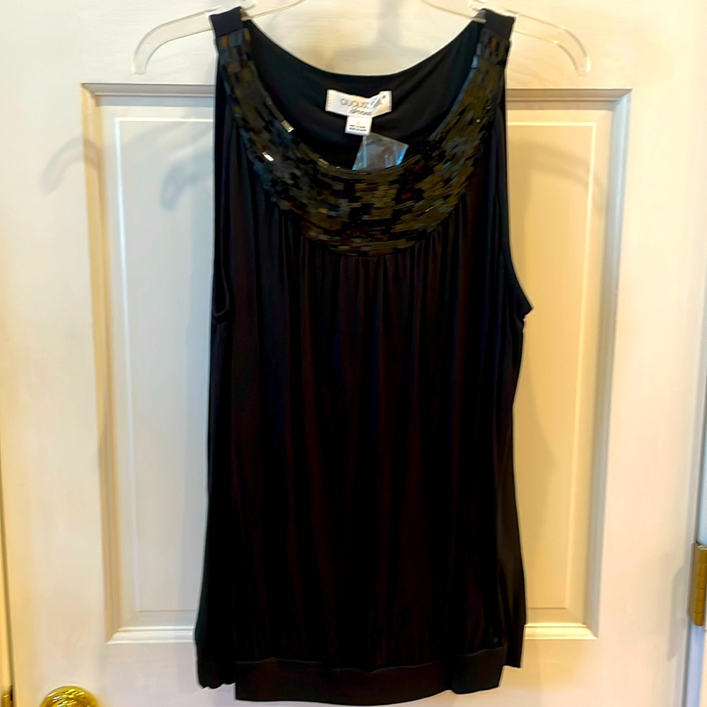 August Silk XL NWT, Black Sleeveless Top accented with sequined front yolk.